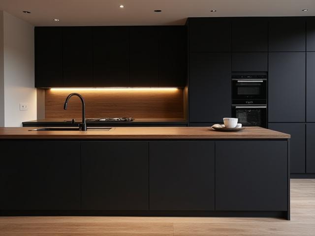 Moderne kjøkken med mørke fronter og trebenkeplate, et prosjekt av Kvitre Rom
